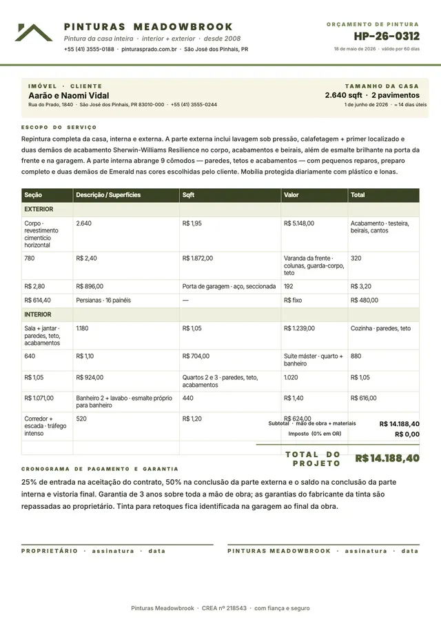 Modelo de orçamento de pintura residencial