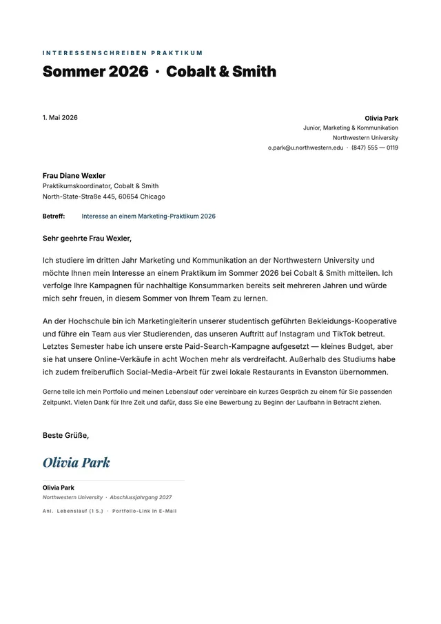 Initiativbewerbung für ein Praktikum