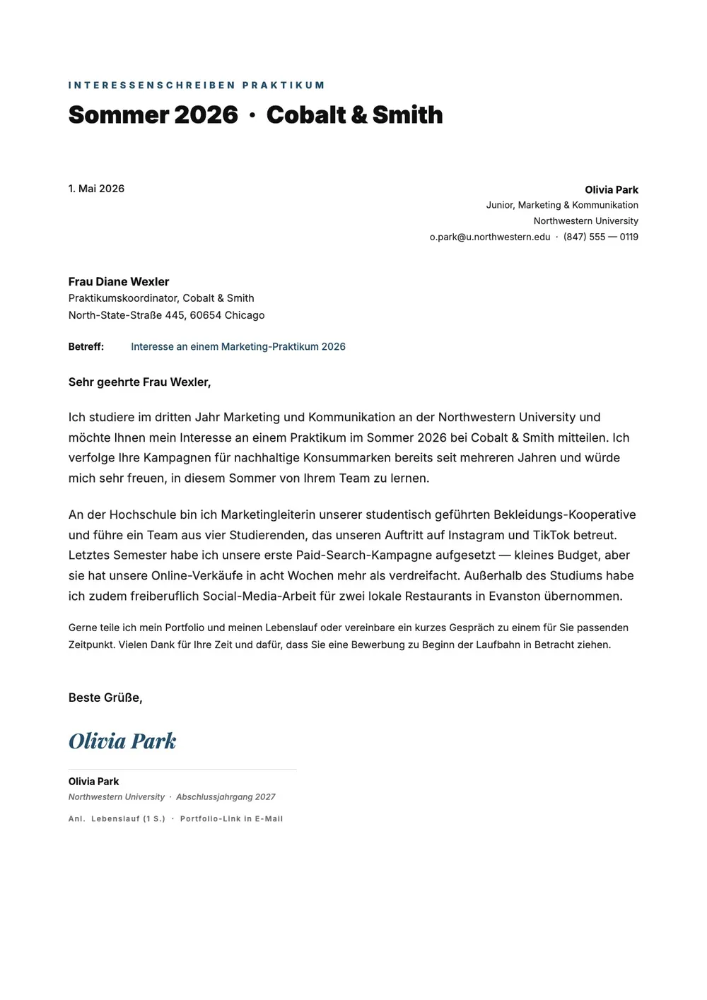 Initiativbewerbung für ein Praktikum