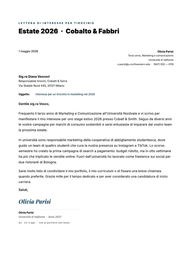 Lettera di interesse per stage