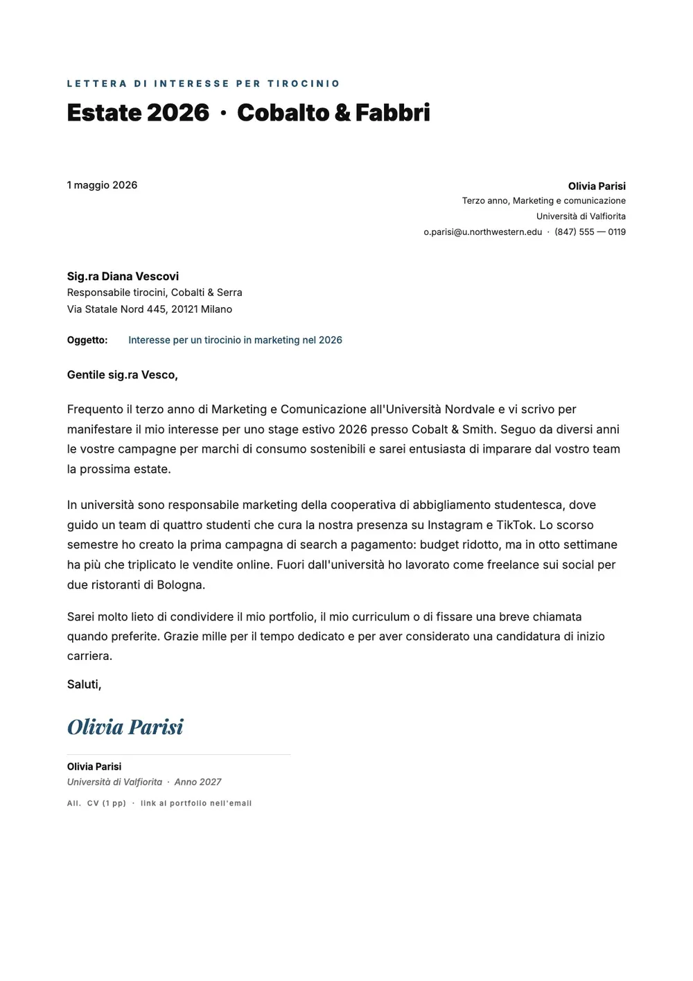 Lettera di interesse per stage