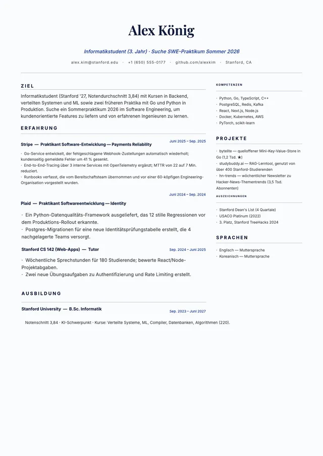 Lebenslauf-Vorlage für Praktikum