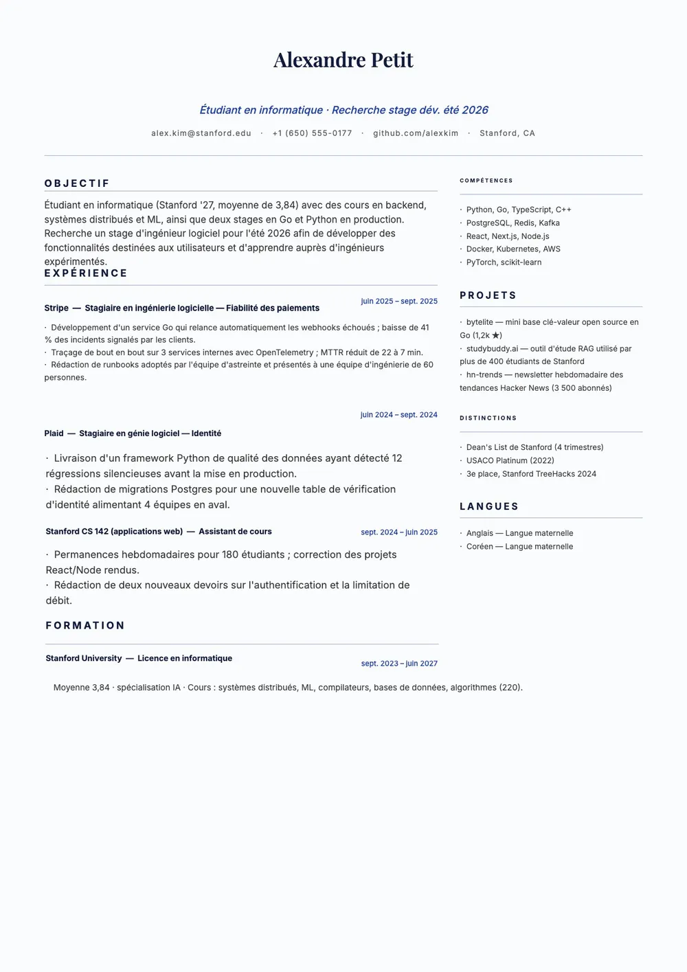 Modèle de CV de stage