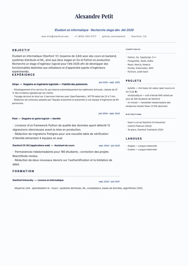 Modèle de CV de stage