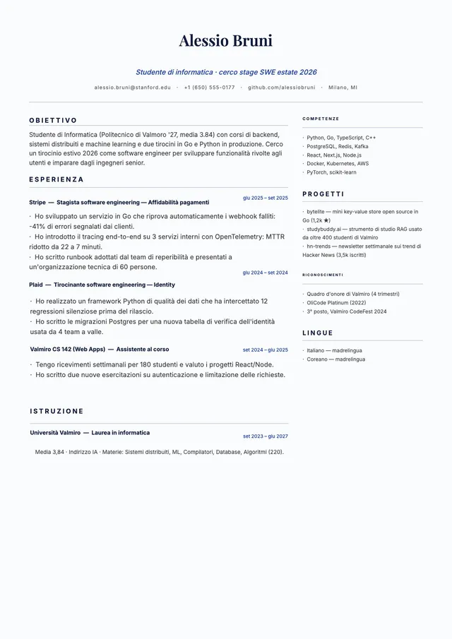 Modello di curriculum per stage