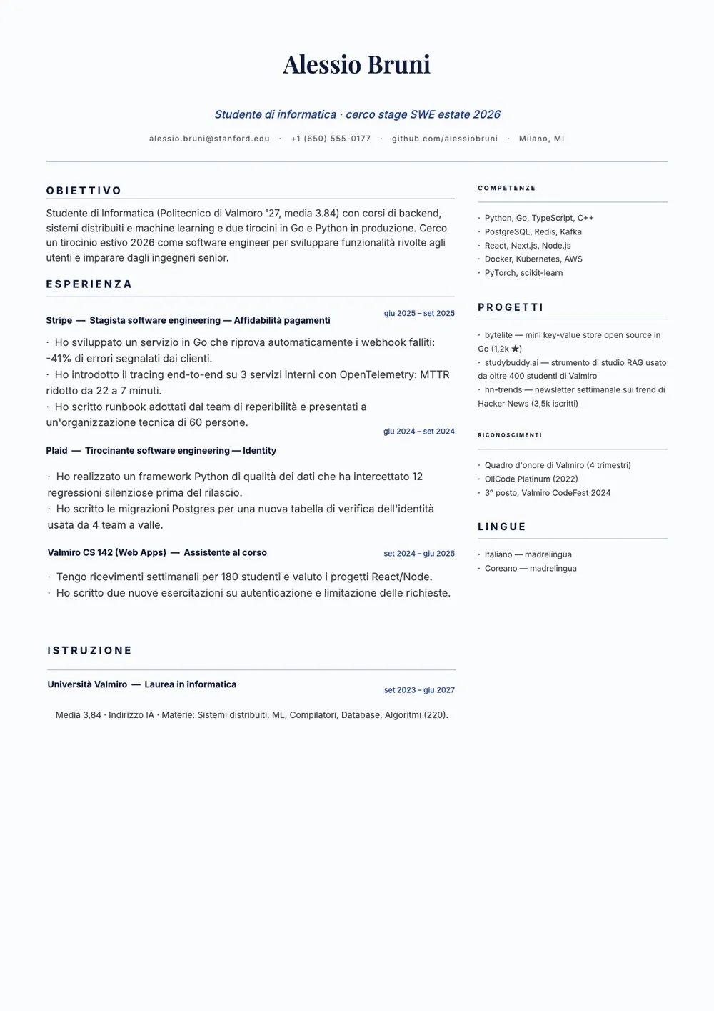 Modello di curriculum per stage