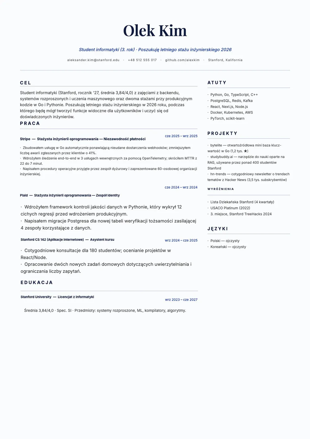 Szablon CV na staż