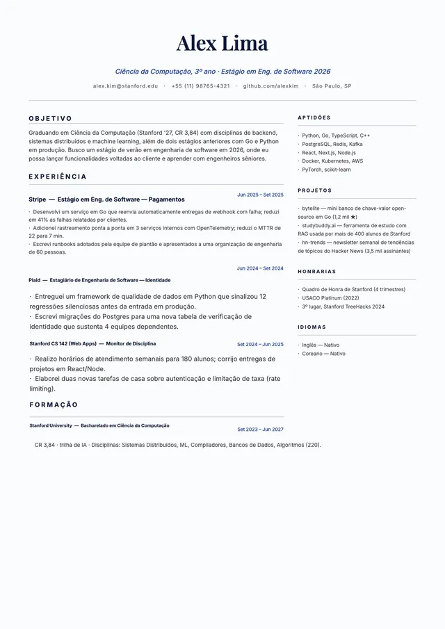 Modelo de currículo de estágio