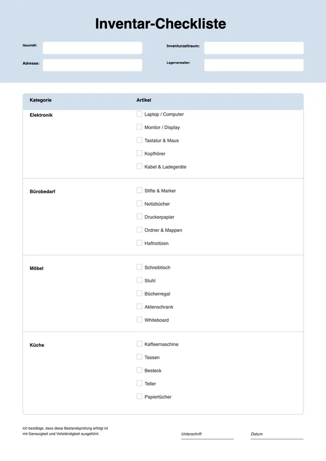 Vorlage für Inventar-Checkliste