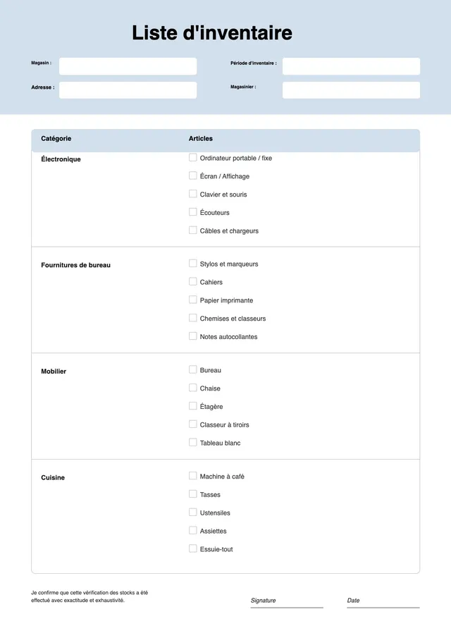 Modèle de check-list d'inventaire