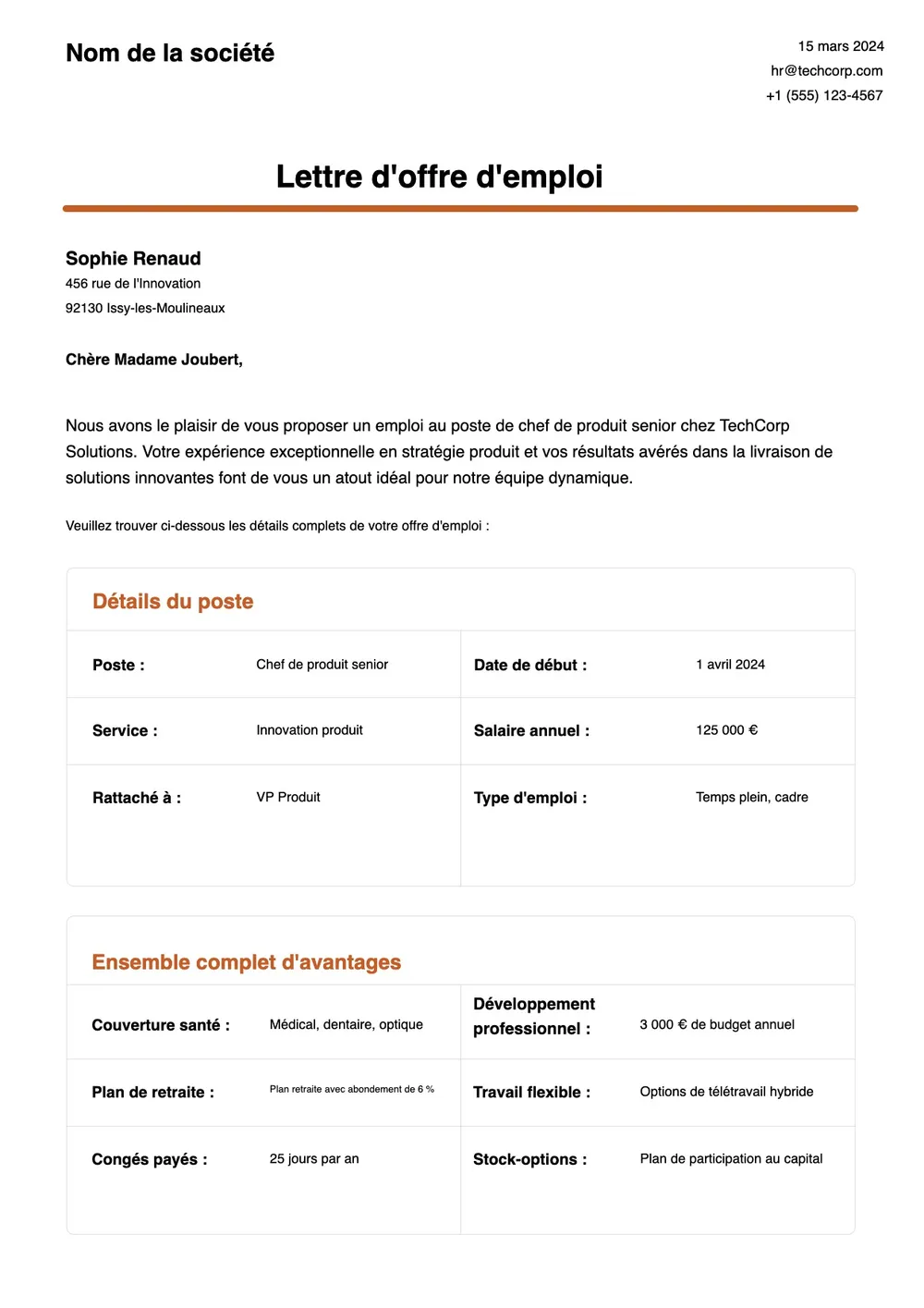 Modèle de lettre d'offre d'emploi