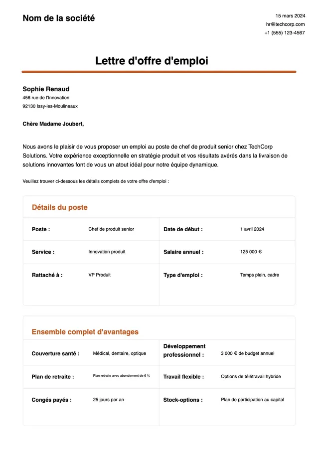 Modèle de lettre d'offre d'emploi