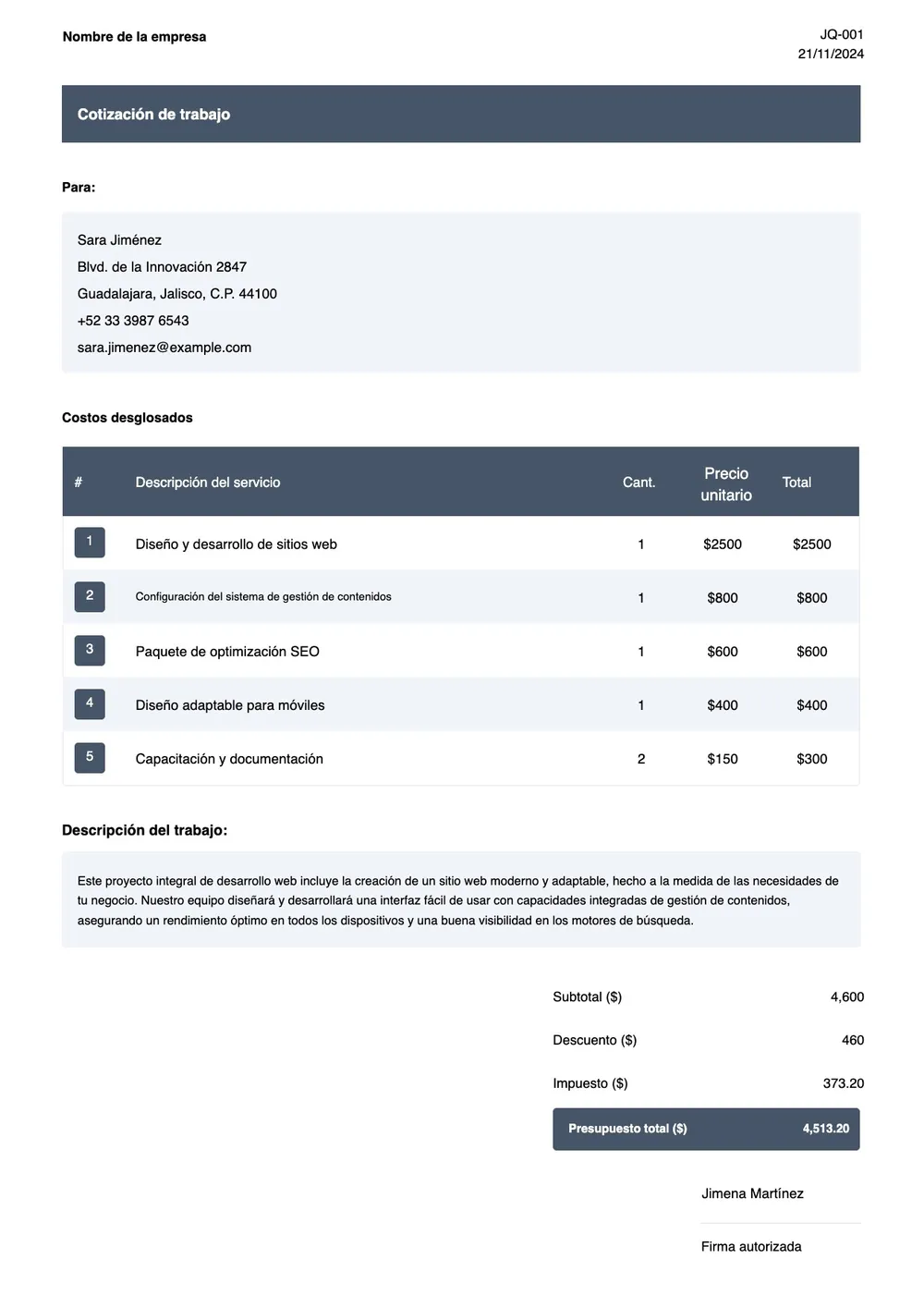 Plantilla de cotización de trabajos