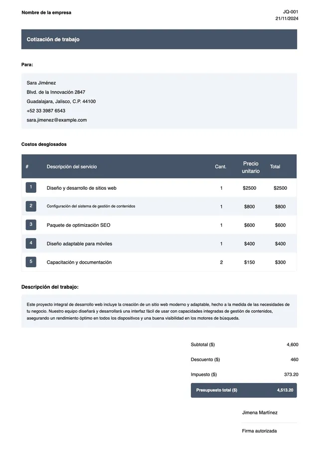 Plantilla de cotización de trabajos