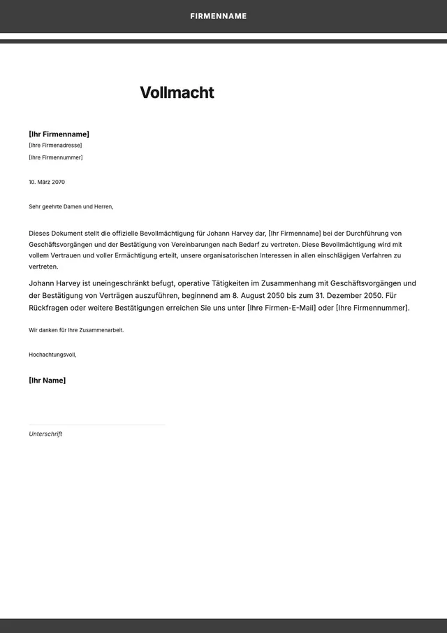 Vorlage für Vollmacht