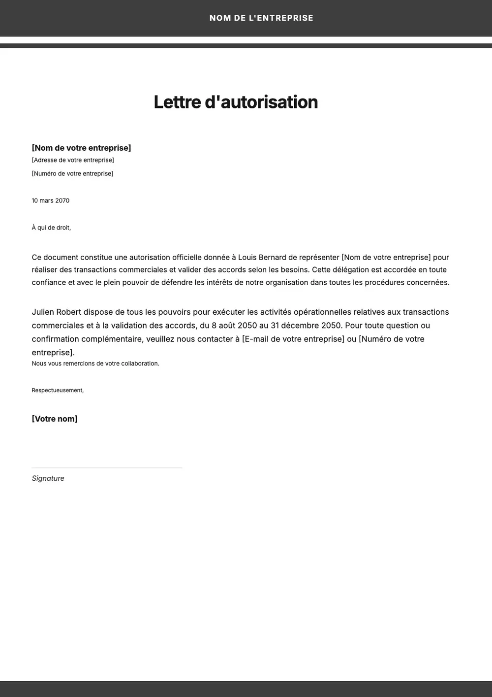 Modèle de lettre d'autorisation