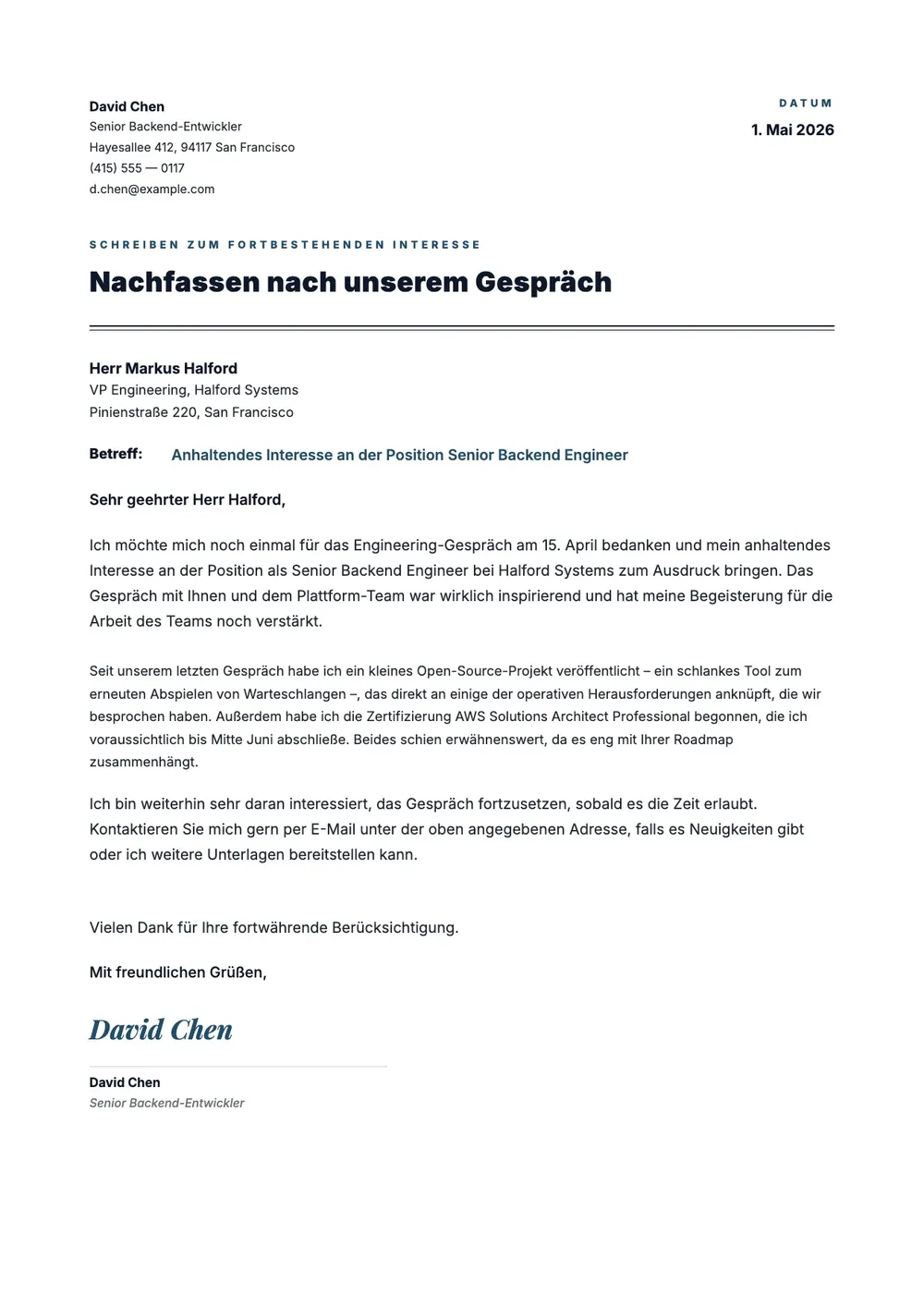 Schreiben über fortbestehendes Interesse