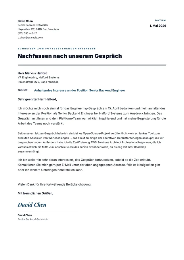Schreiben über fortbestehendes Interesse