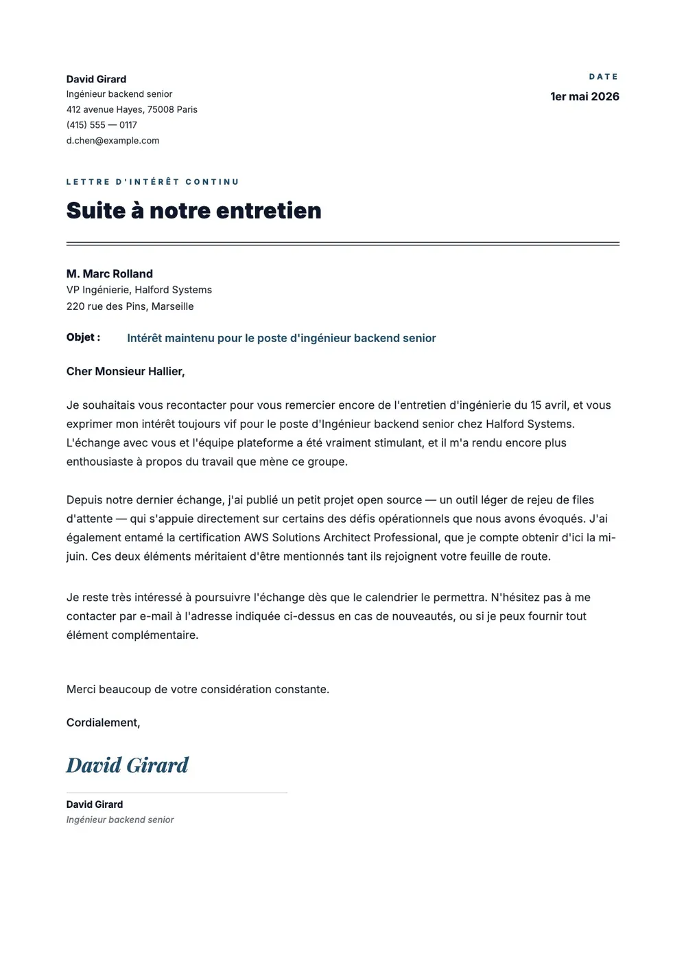 Lettre de maintien de candidature
