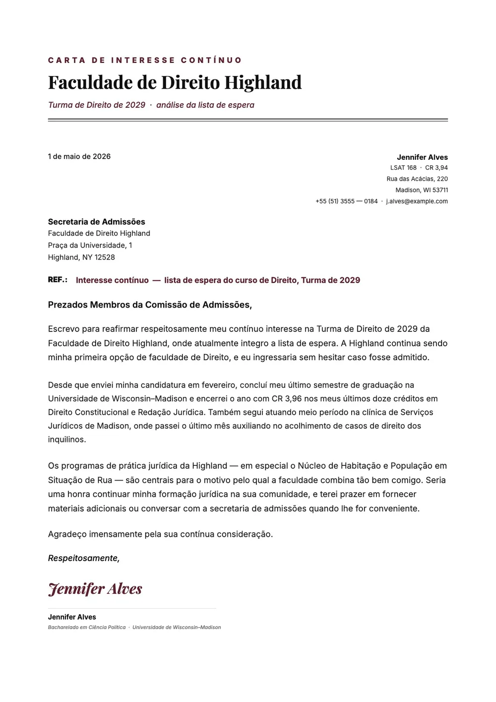 Carta de interesse continuado para faculdade de direito