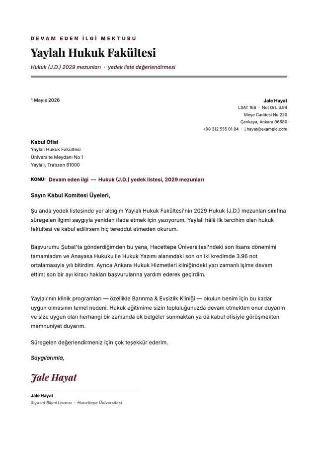 Hukuk fakültesi için devam eden ilgi mektubu