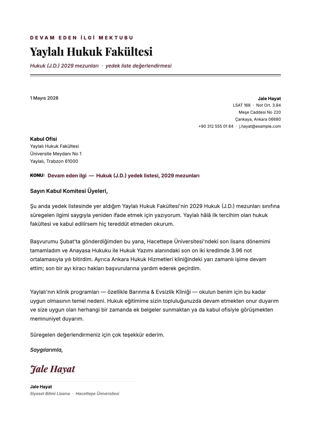 Hukuk fakültesi için devam eden ilgi mektubu