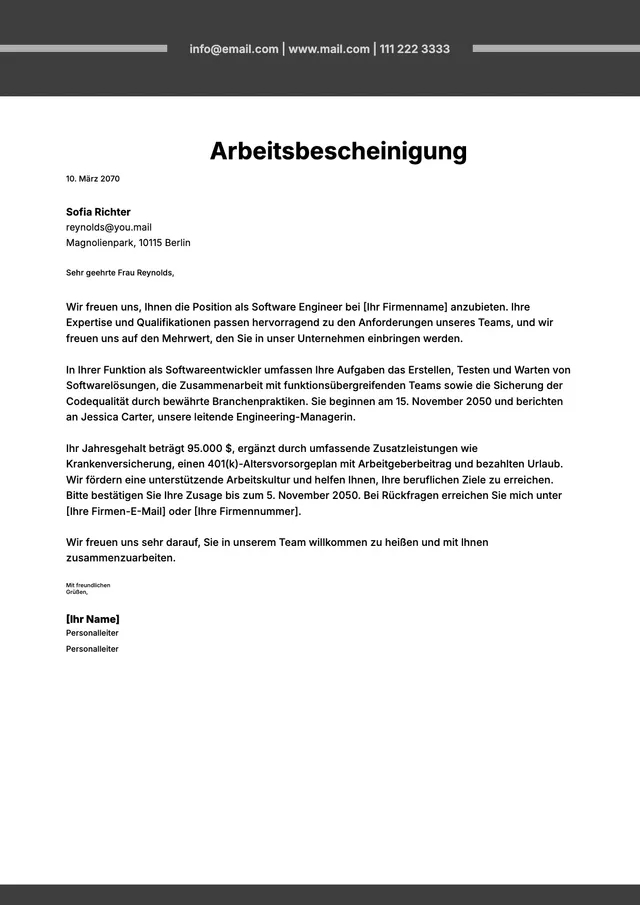 Vorlage für Arbeitsbescheinigung