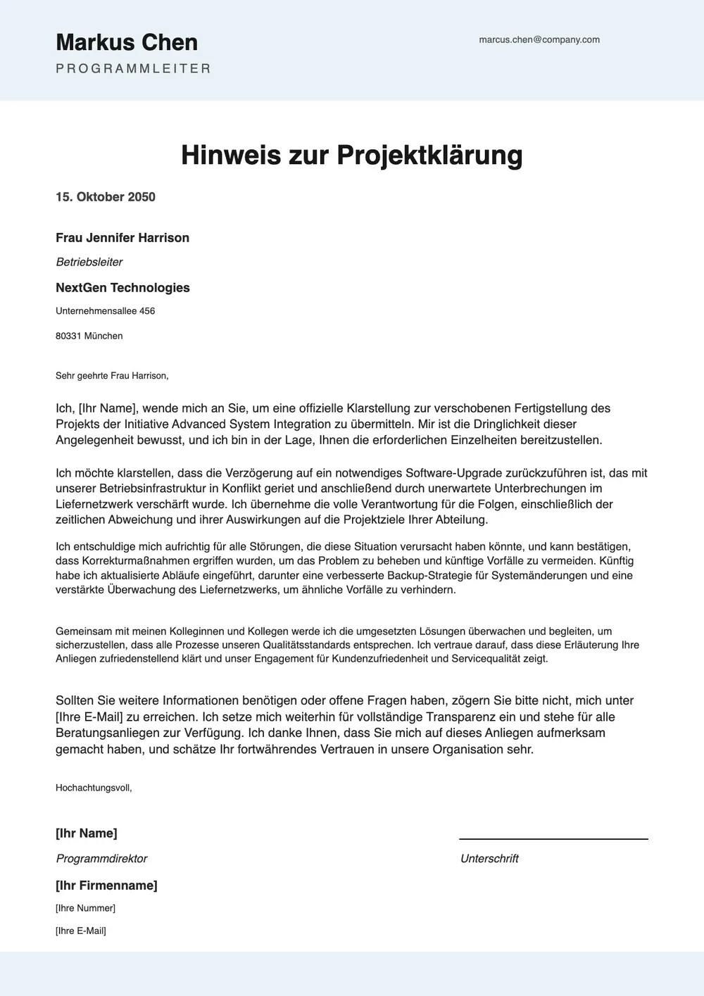 Vorlage für Erklärungsschreiben