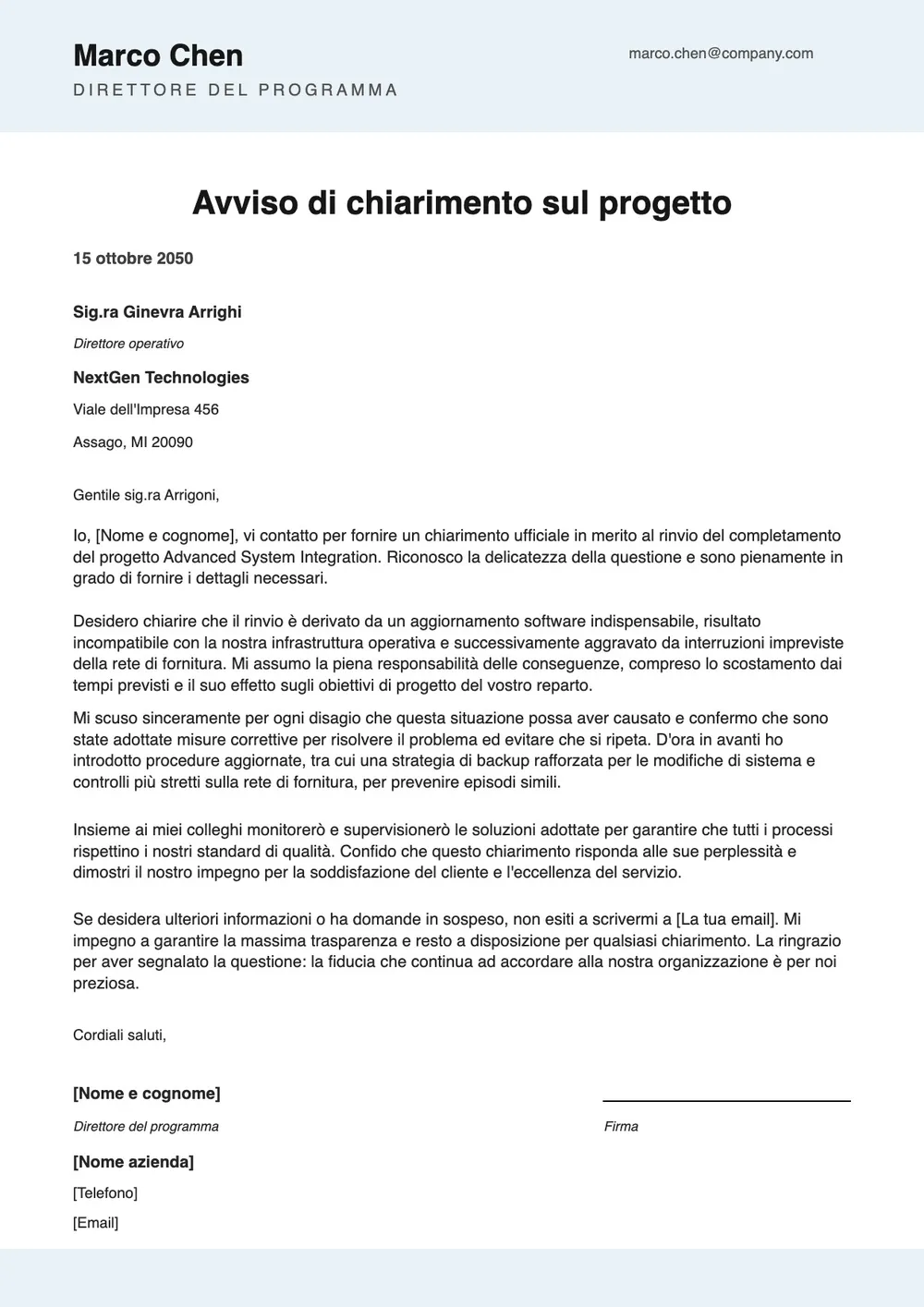 Modello di lettera di spiegazioni
