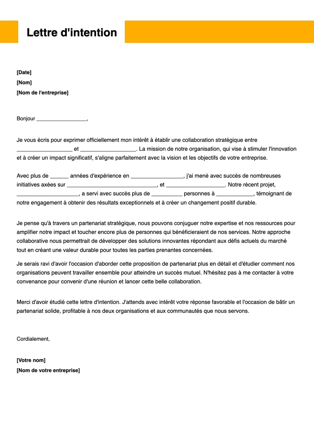 Modèle de lettre d'intention