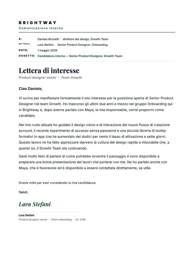 Lettera di interesse per posizione interna