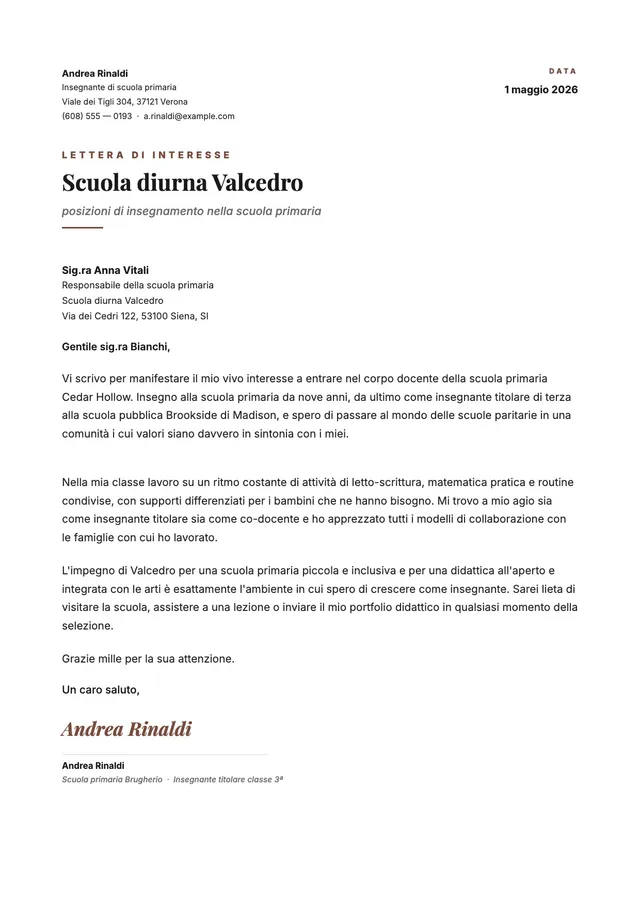 Lettera di interesse per insegnanti