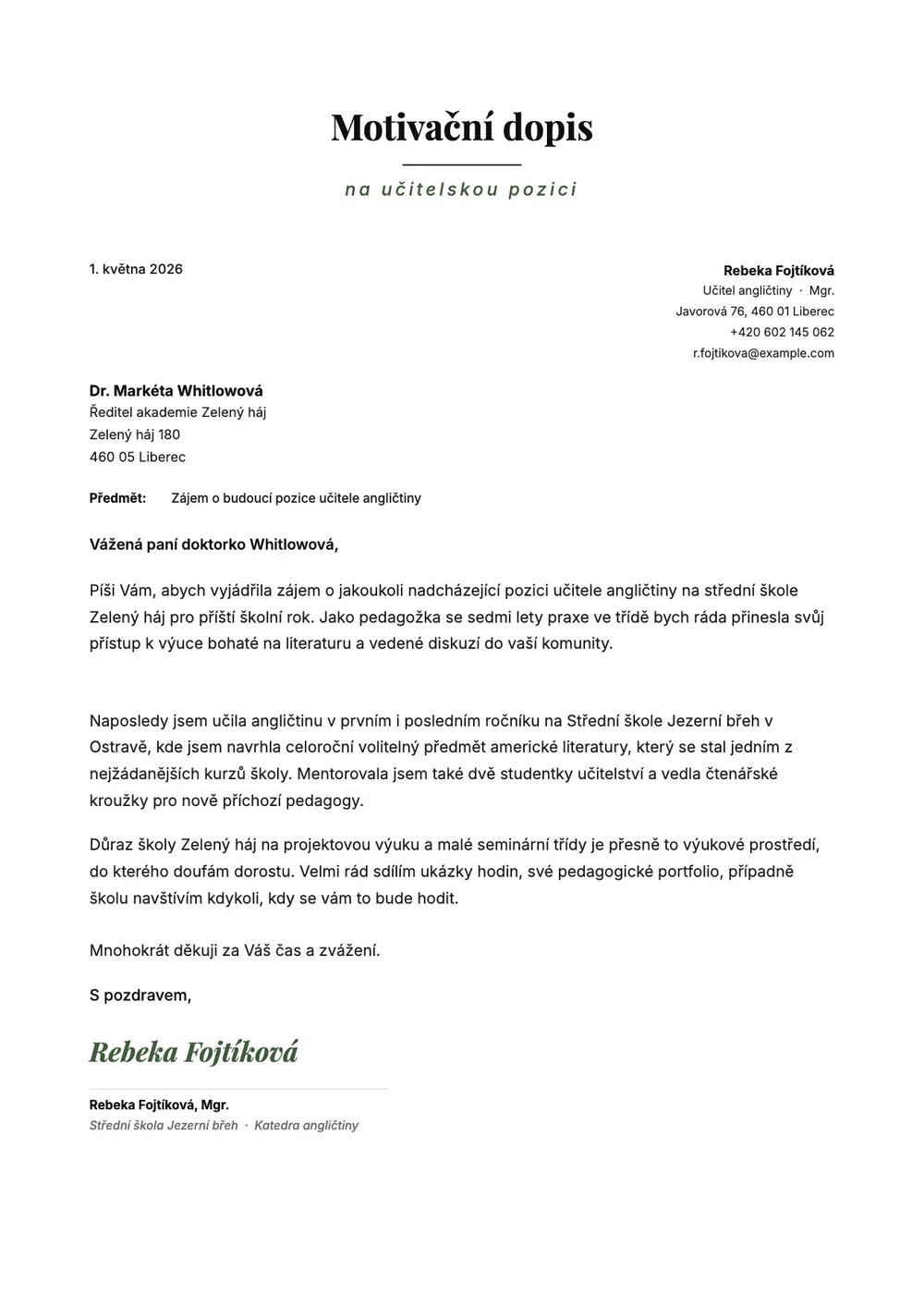Vzor dopisu vyjadřujícího zájem o učitelské místo