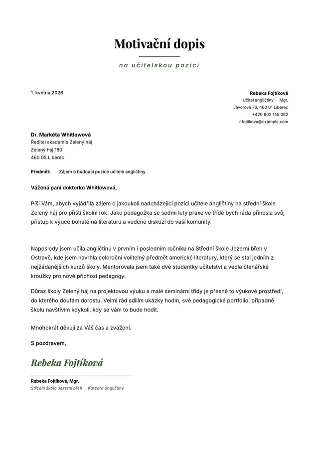 Vzor dopisu vyjadřujícího zájem o učitelské místo