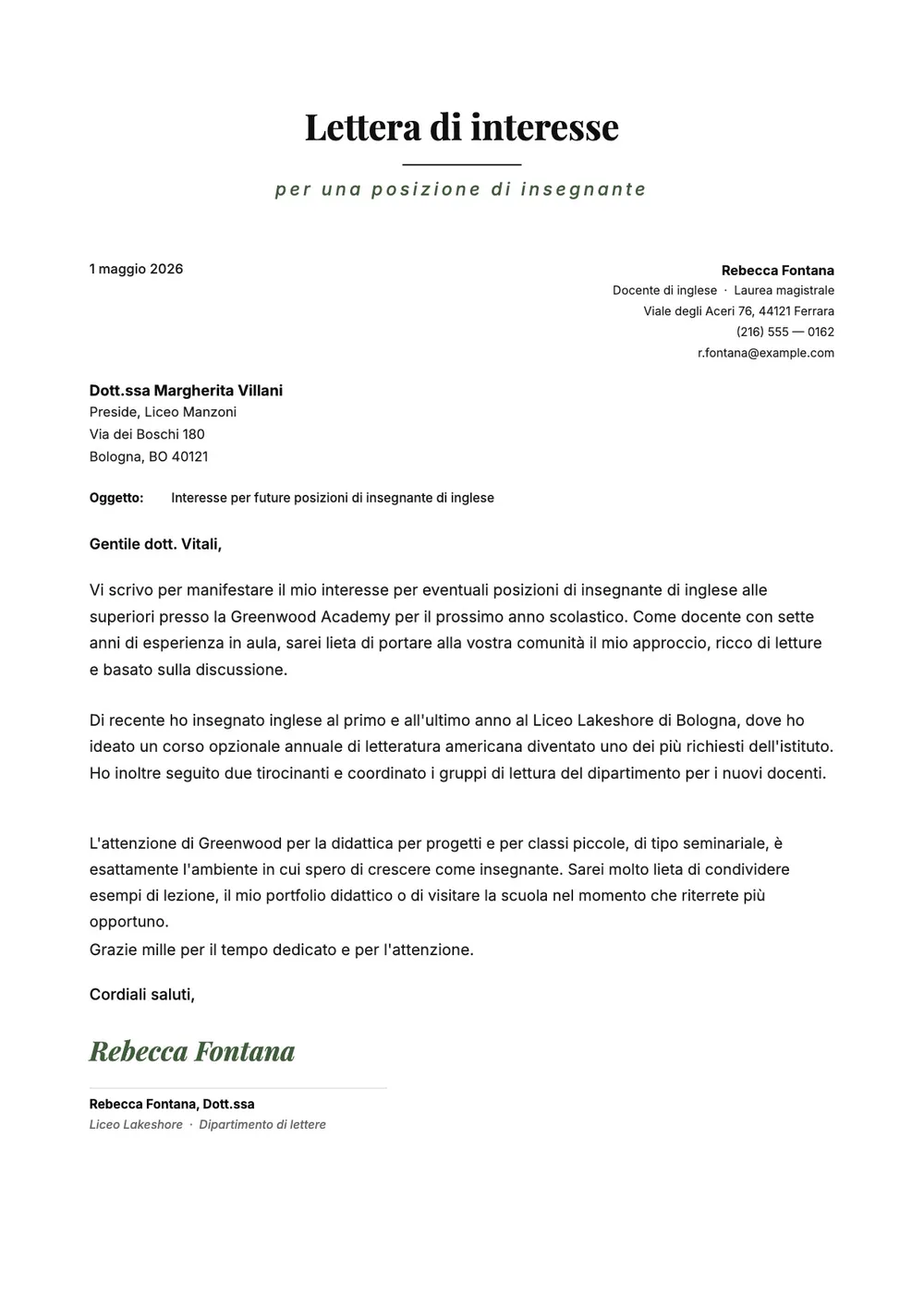 Lettera di interesse per posizione da insegnante