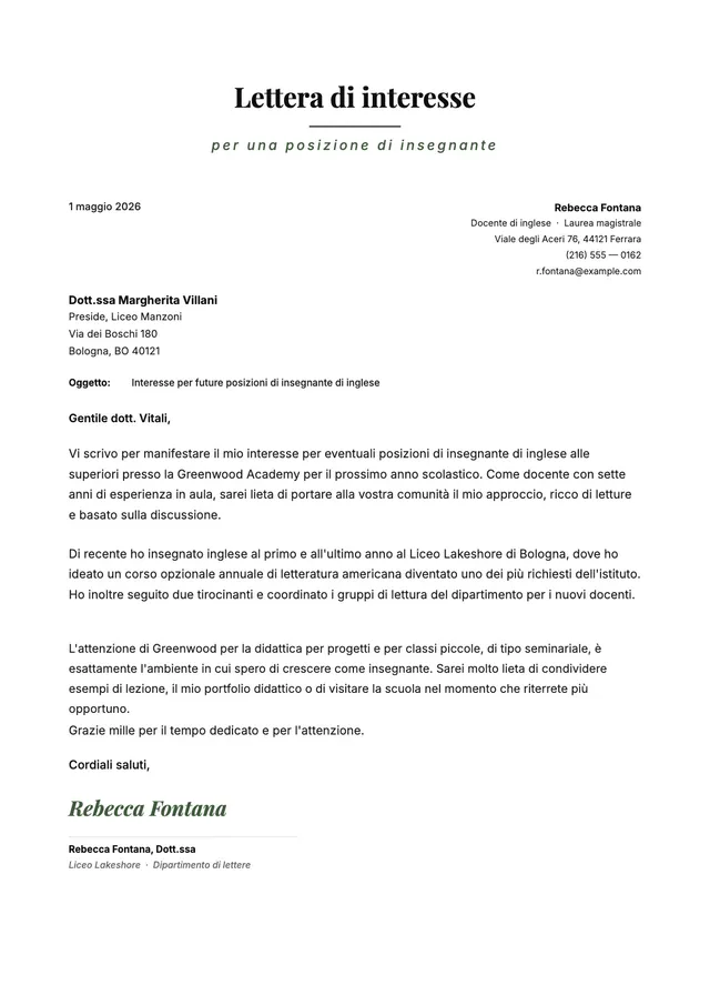 Lettera di interesse per posizione da insegnante