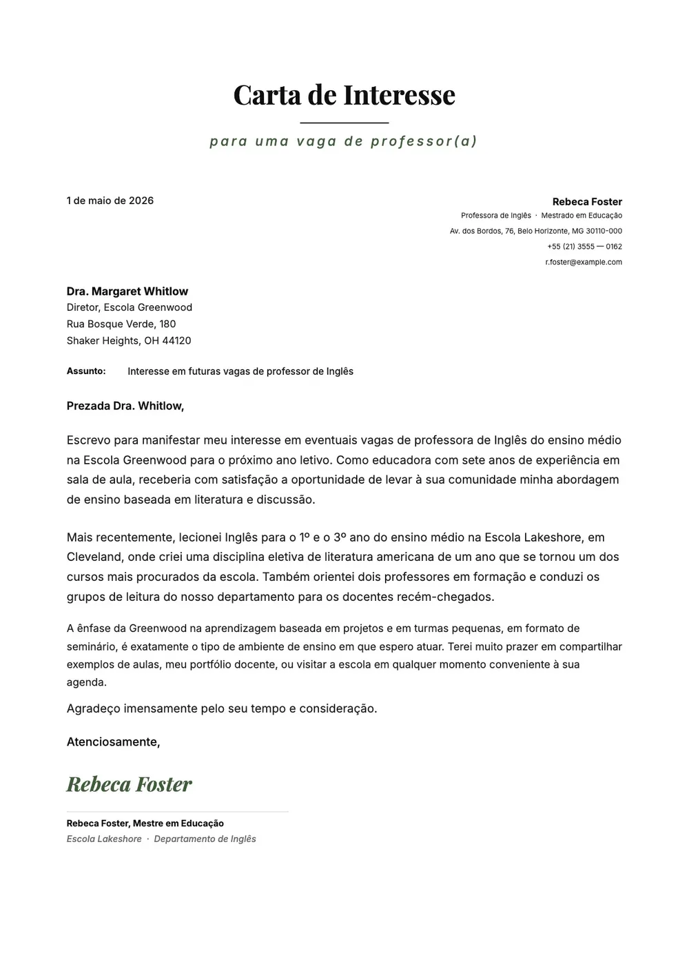 Carta de interesse para vaga de professor