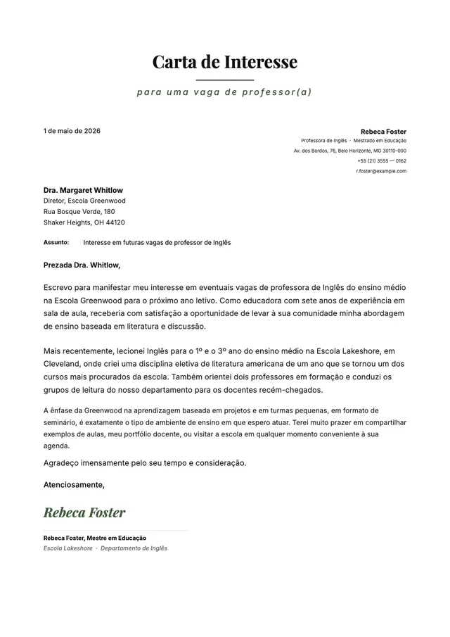 Carta de interesse para vaga de professor