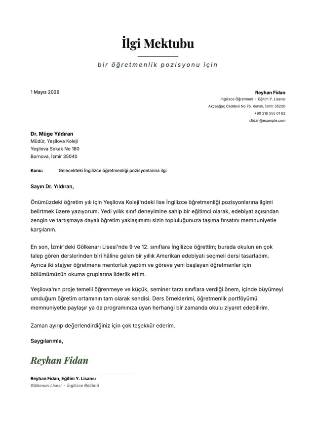 Öğretmenlik pozisyonu için ilgi mektubu