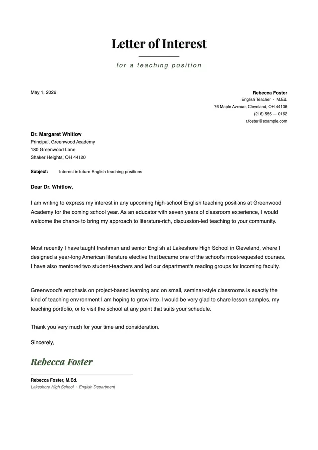 letter-of-interest-for-teaching-position form