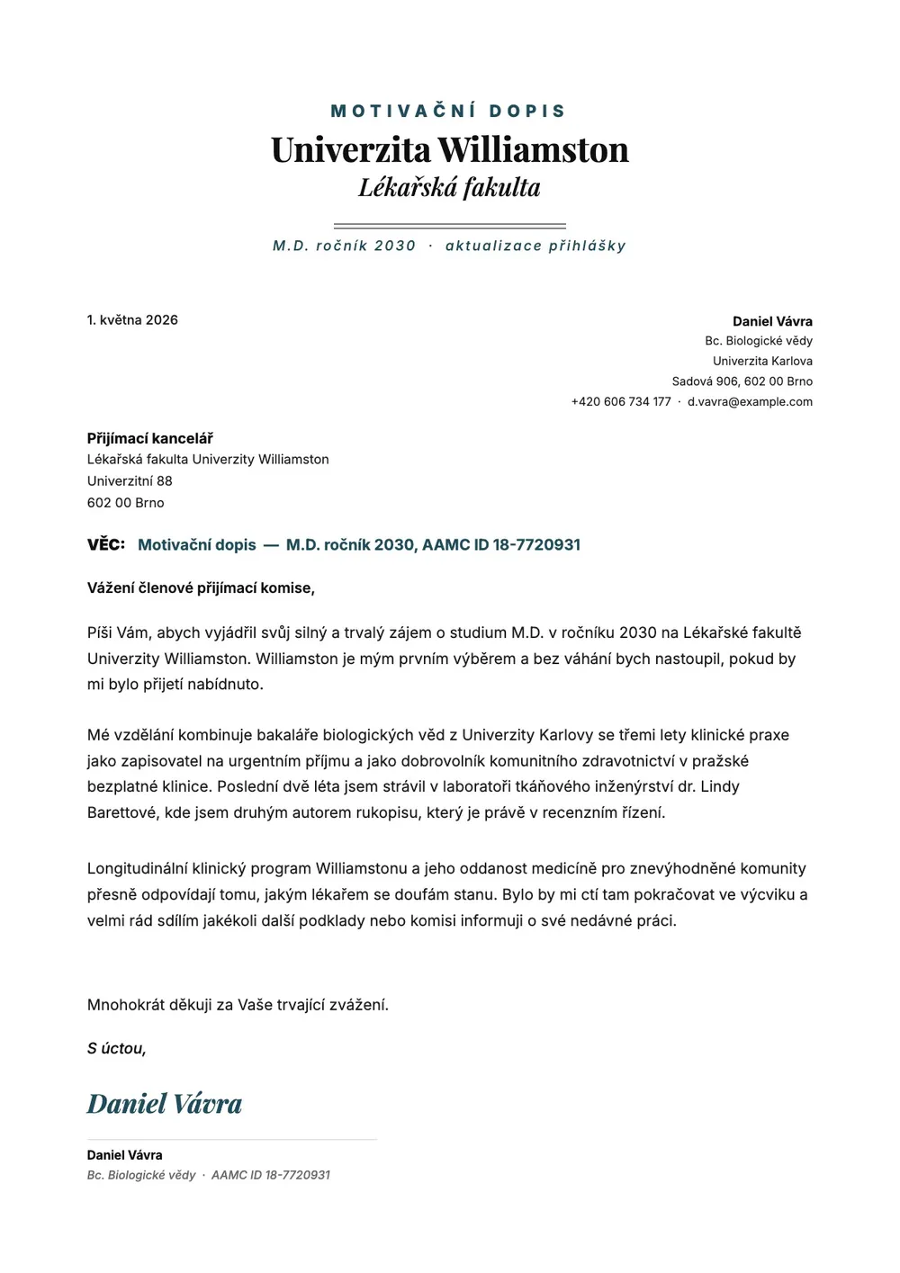 Vzor dopisu vyjadřujícího zájem o lékařskou fakultu