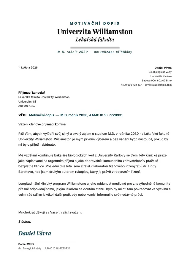 Vzor dopisu vyjadřujícího zájem o lékařskou fakultu
