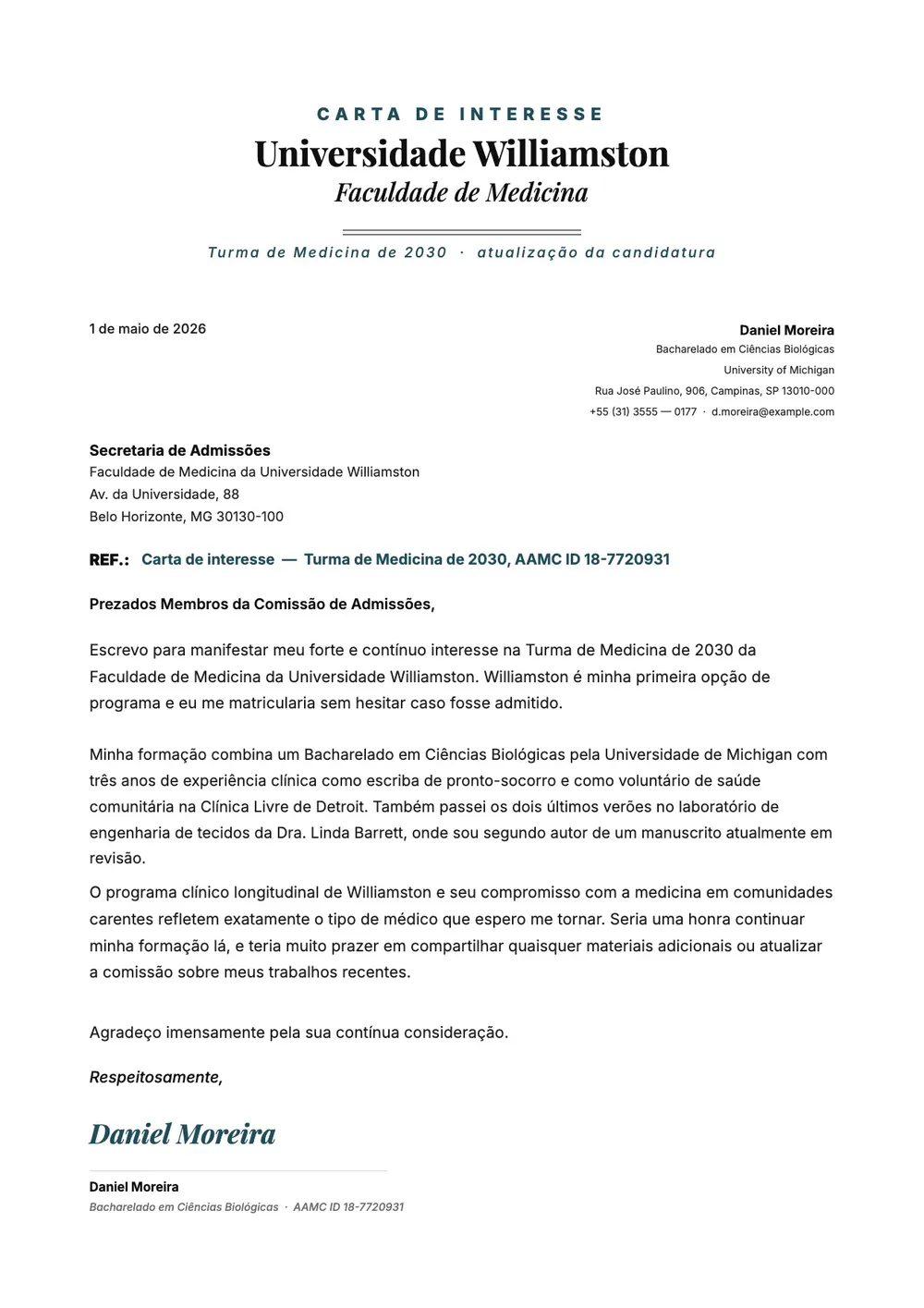 Carta de interesse para faculdade de medicina