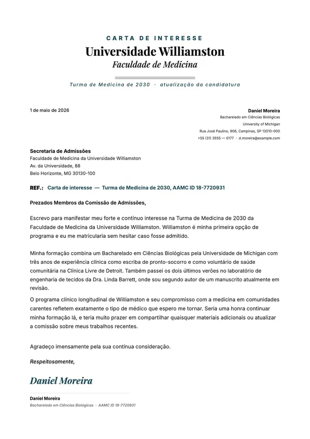 Carta de interesse para faculdade de medicina