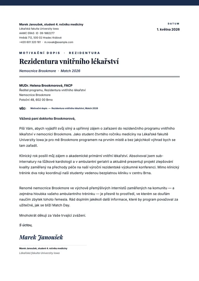 Vzor dopisu vyjadřujícího zájem o rezidenturu