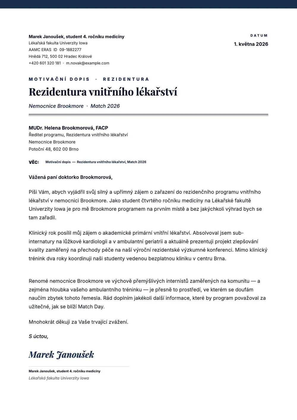 Vzor dopisu vyjadřujícího zájem o rezidenturu