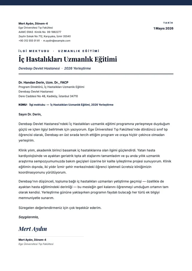 Tıpta uzmanlık programı için ilgi mektubu