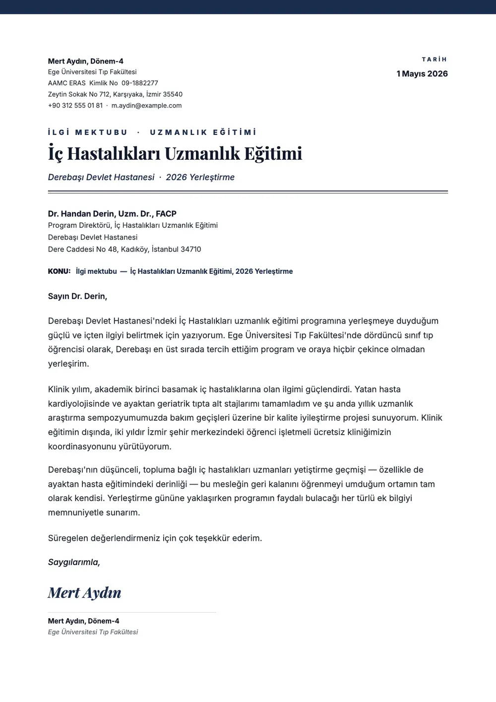 Tıpta uzmanlık programı için ilgi mektubu
