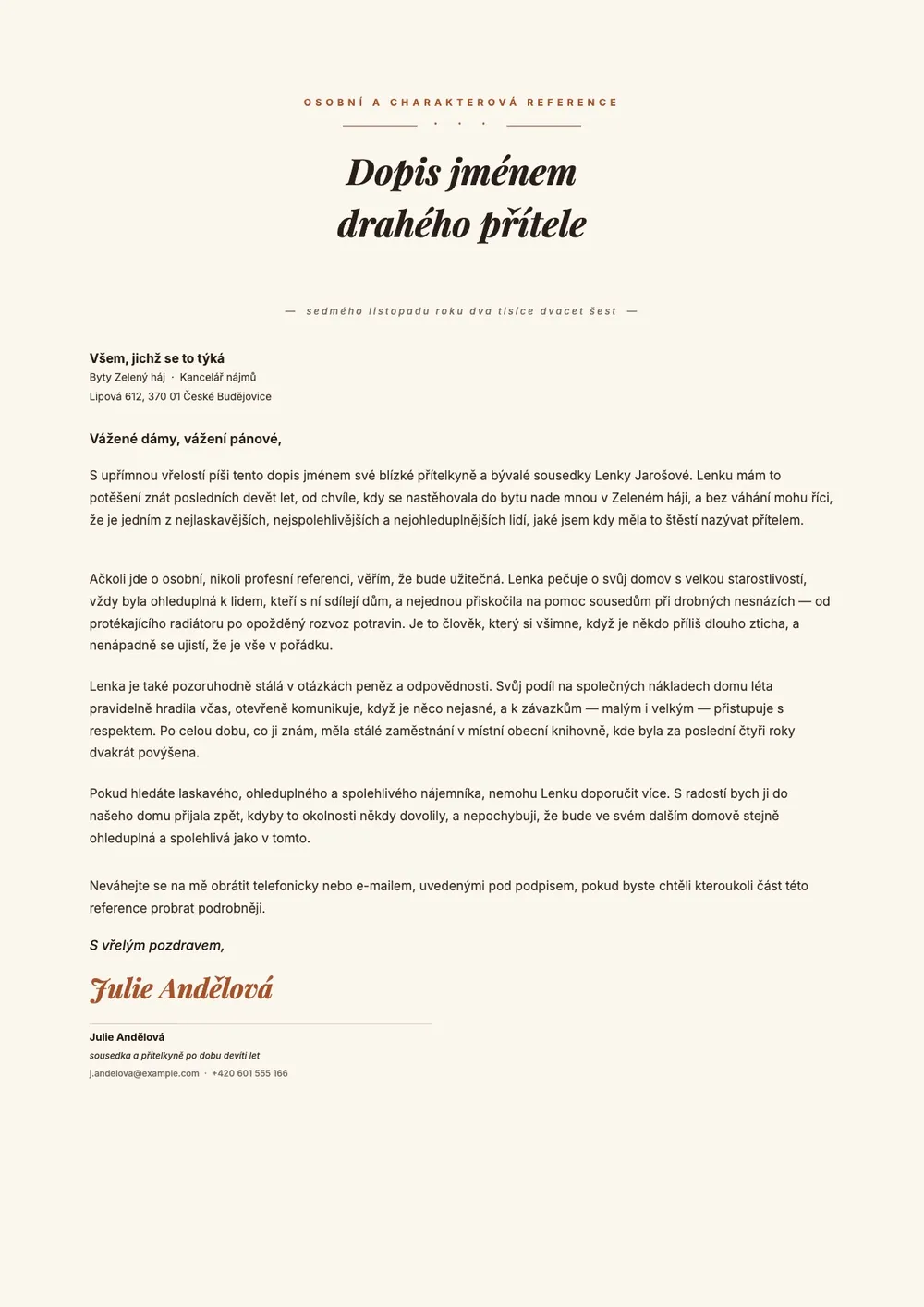 Vzor doporučujícího dopisu pro přítele