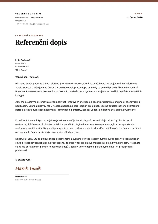 Vzor doporučujícího dopisu pro zaměstnance